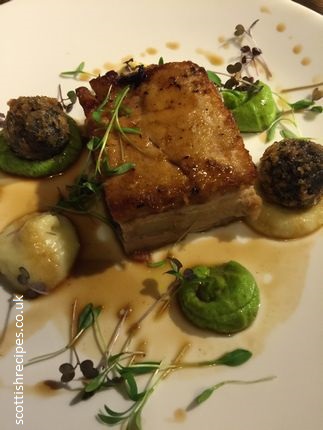 Nick Nairn roasted pork belly black pudding pea puree apple sauce soy gravy